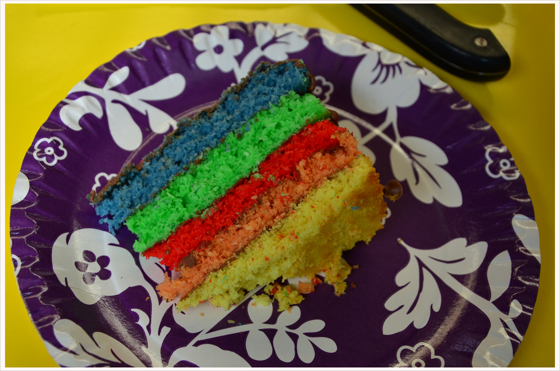 Regenbogen-Kokos-Kuchen mit Schokoglasur