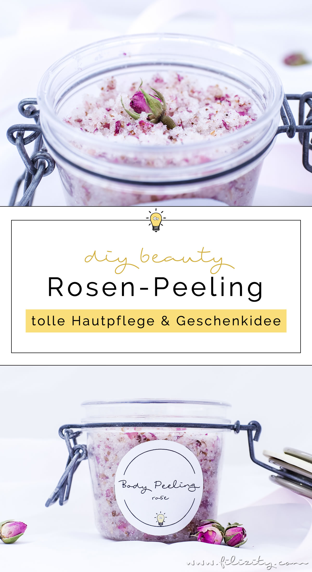 DIY Body Scrub: Rosen-Peeling selber machen - DIY Hautpflege & Geschenkidee für Valentinstag | Naturkosmetik selber machen | Filizity.com | Beauty- & DIY-Blog aus dem Rheinland #valentinstag #geschenkidee #muttertag