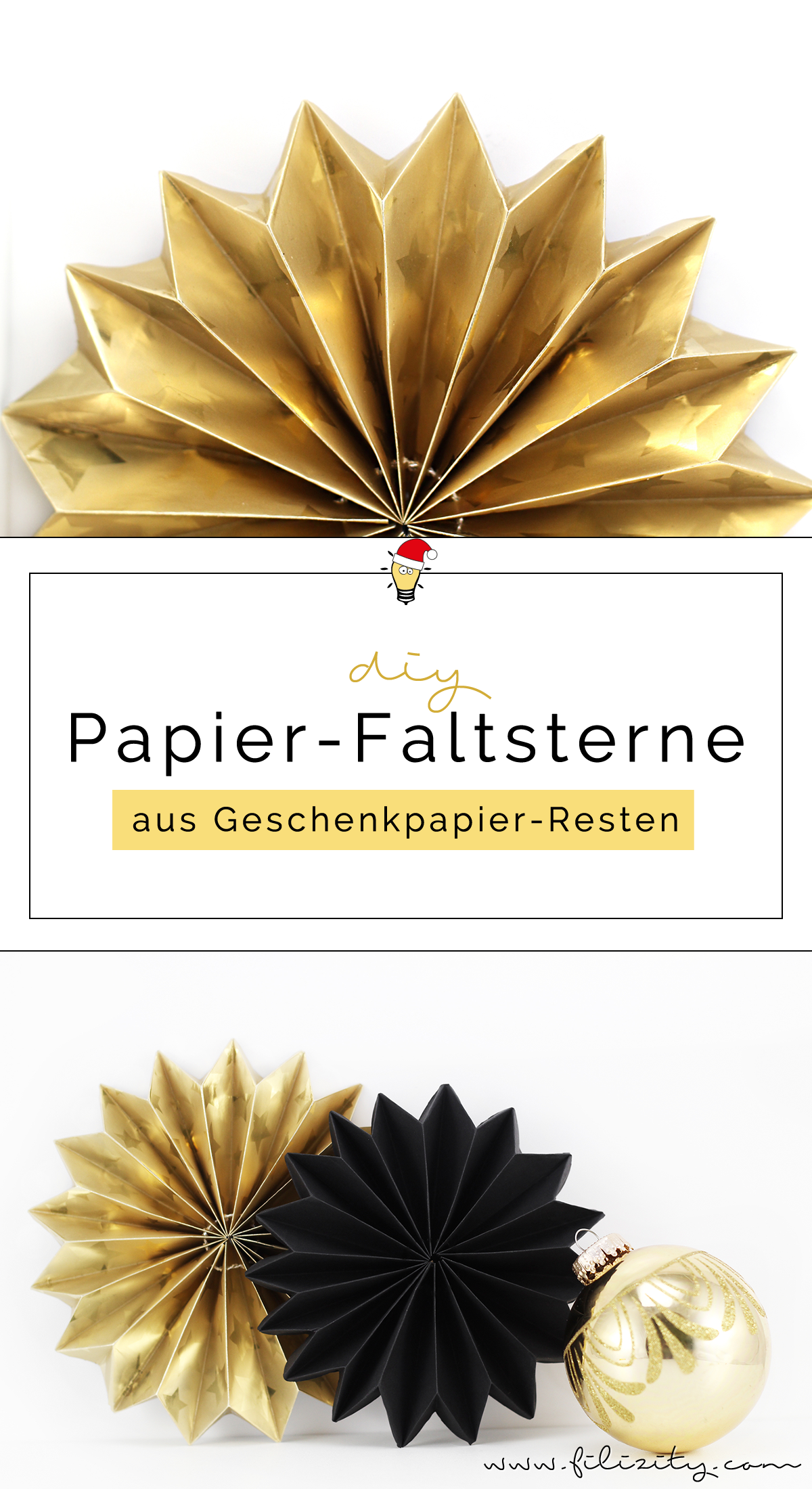 Weihnachtliches Recycling DIY: Faltsterne aus Geschenkpapier-Resten | Filizity.com | DIY-Blog aus dem Rheinland #weihnachten #baumanhänger #geschenkanhänger #verpacken