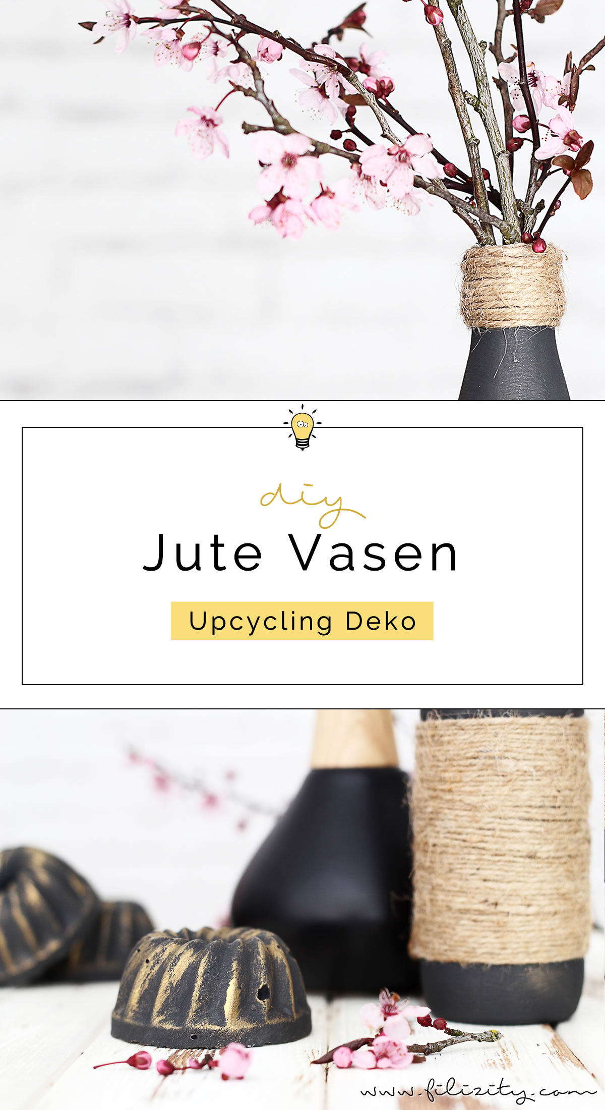 Edle Deko günstig selber machen: Jute-Vasen aus Flaschen | Upcycling DIY Dekoidee von Filizity.com | Interior- & DIY-Blog aus dem Rheinland #upcycling