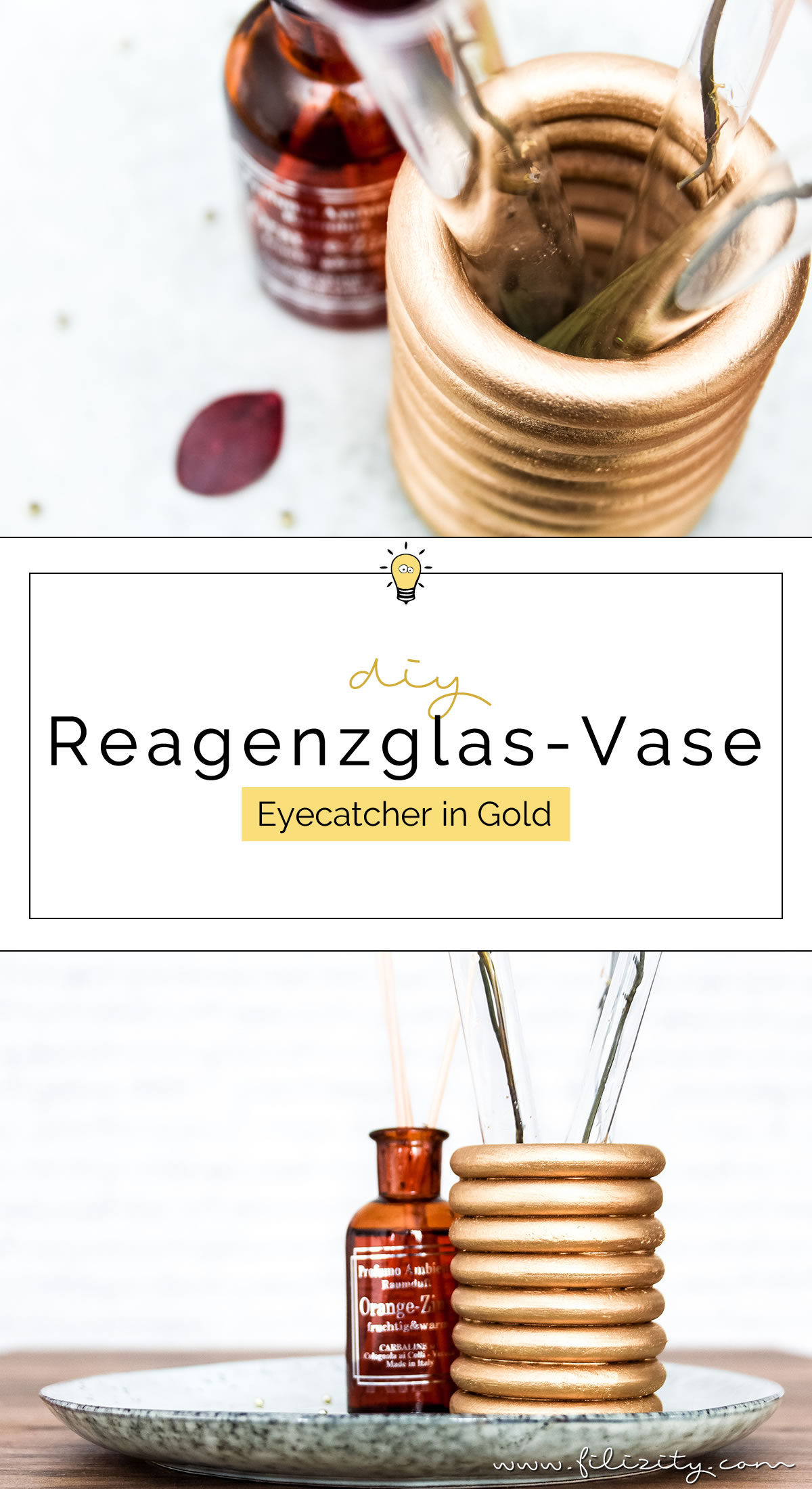 DIY: Goldene Reagenzglas-Vase aus Gardinenringen selber machen #vase #gold #herbst