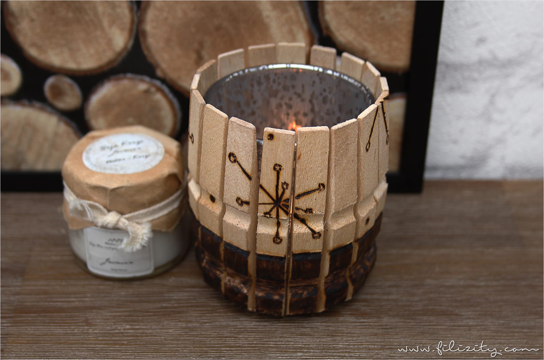 Brandmalerei: DIY Teelicht-Kerzen-Halter aus Holz-Wäscheklammern