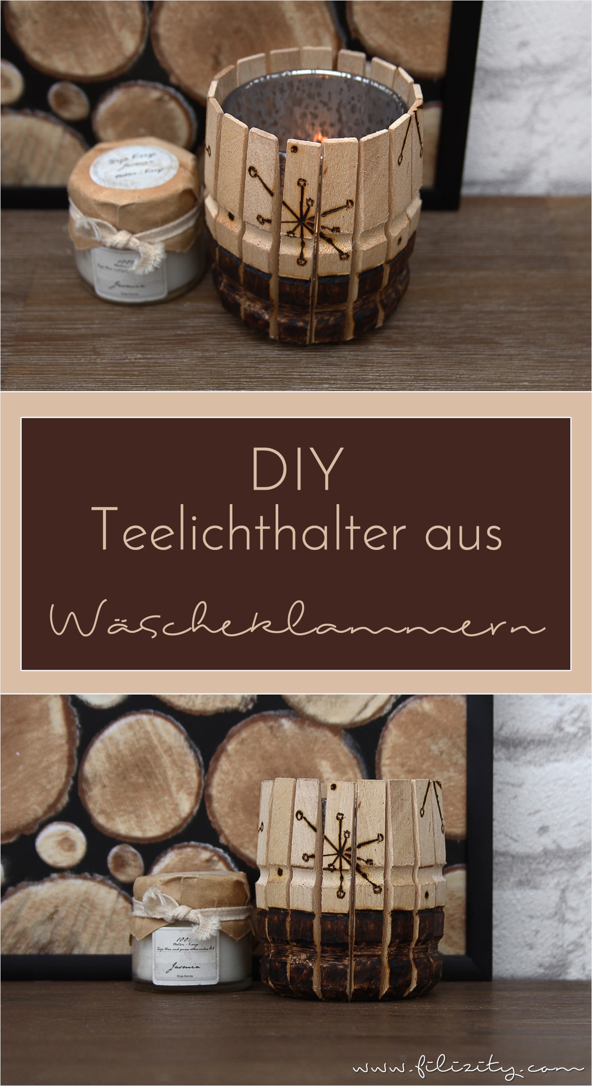 Brandmalerei: DIY Teelicht-Kerzen-Halter aus Holz-Wäscheklammern