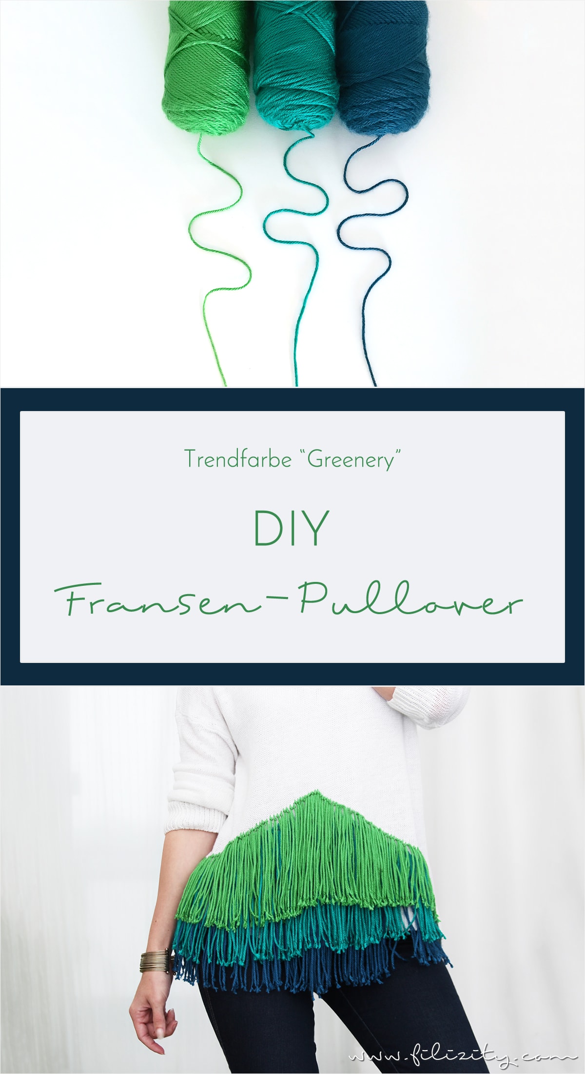 DIY Fransen-Pullover in Greenery Grün und Blau