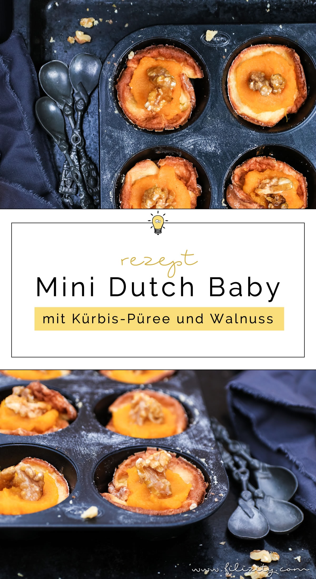 Herbst-Rezept: Mini Dutch Babies (Pfannkuchen-Körbchen) mit Kürbispüree und karamellisierten Walnüssen #dutch #kürbis #herbst