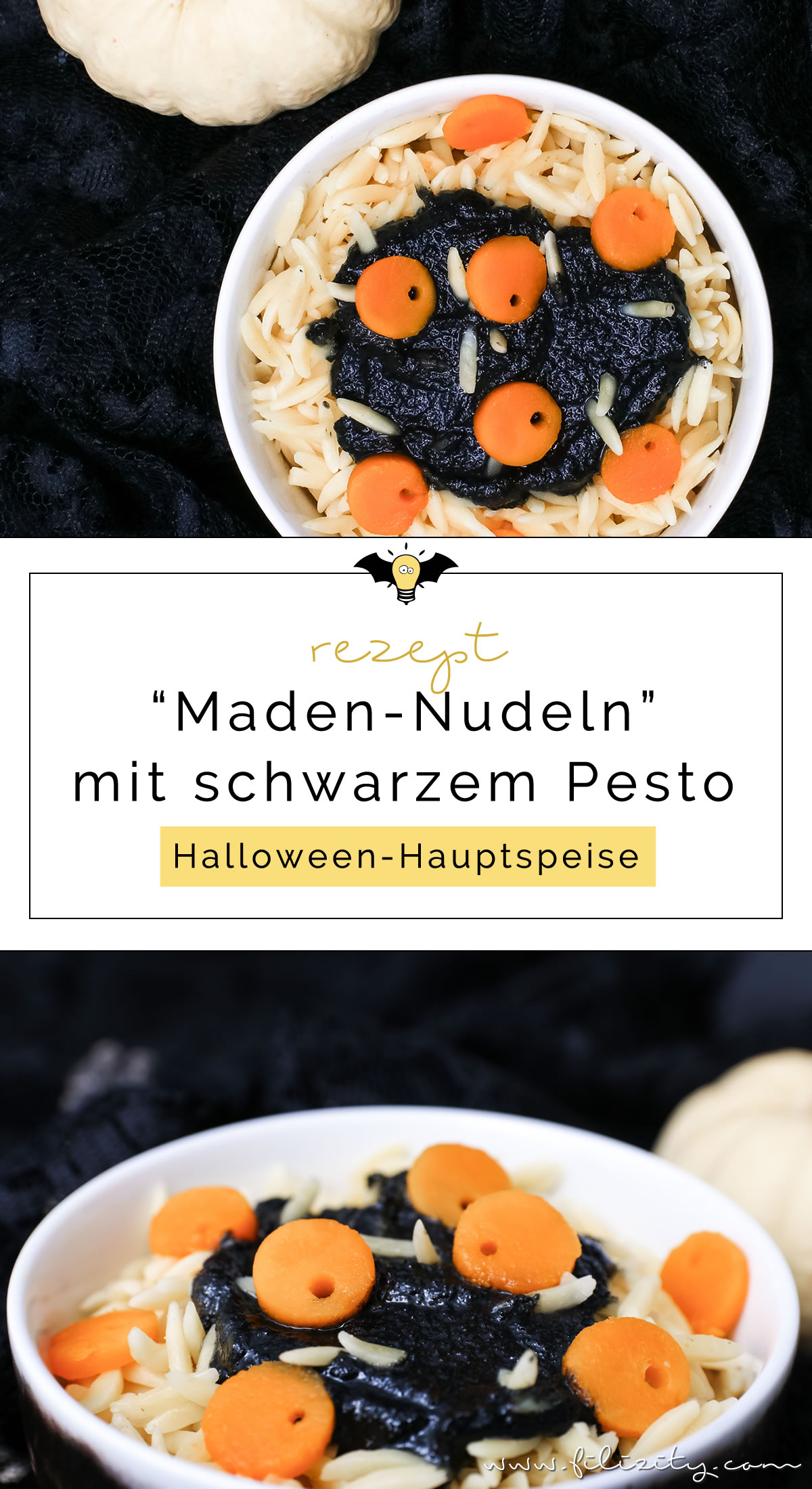 Halloween Rezept: „Maden-Nudeln“ mit schwarzem Pesto und Kürbis-Augen | Filizity.com | Food-Blog aus dem Rheinland #halloween #booh #kürbis