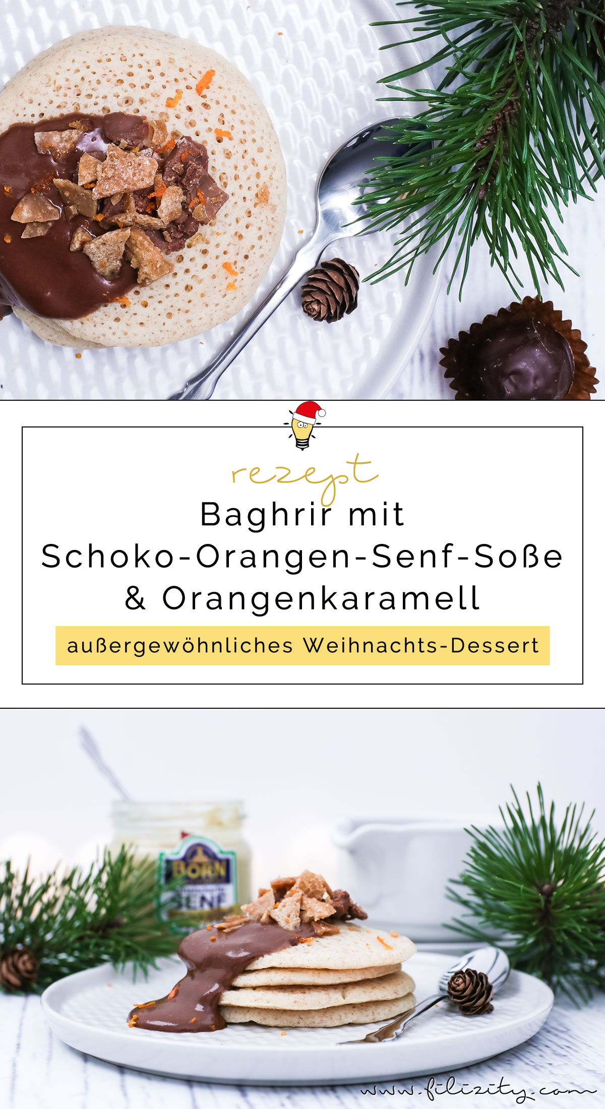 Weihnachts-Dessert: Rezept für Marokkanische Pfannkuchen (Baghrir) mit Schoko-Orangen-Senf-Soße, Orangenkaramell und Senfpralinen | Filizity.com | Food-Blog aus dem Rheinland #weihnachten #dessert #BORNsinternational #BORN