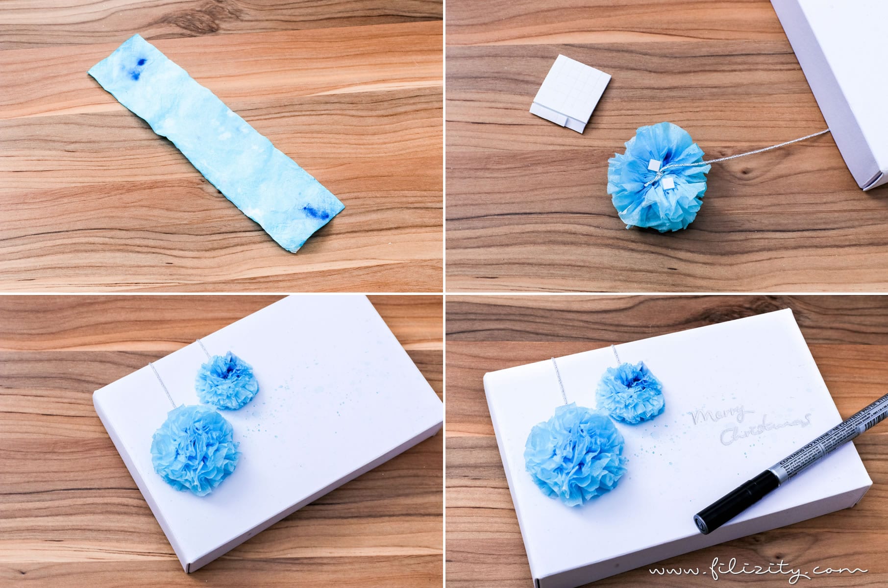 3 weihnachtliche DIY-Ideen mit Taschentüchern | Geschenkverpackung mit Taschentuch-Bommeln | Filizity.com | DIY-Blog aus dem Rheinland #weihnachten #weihnachtsdeko #tempo