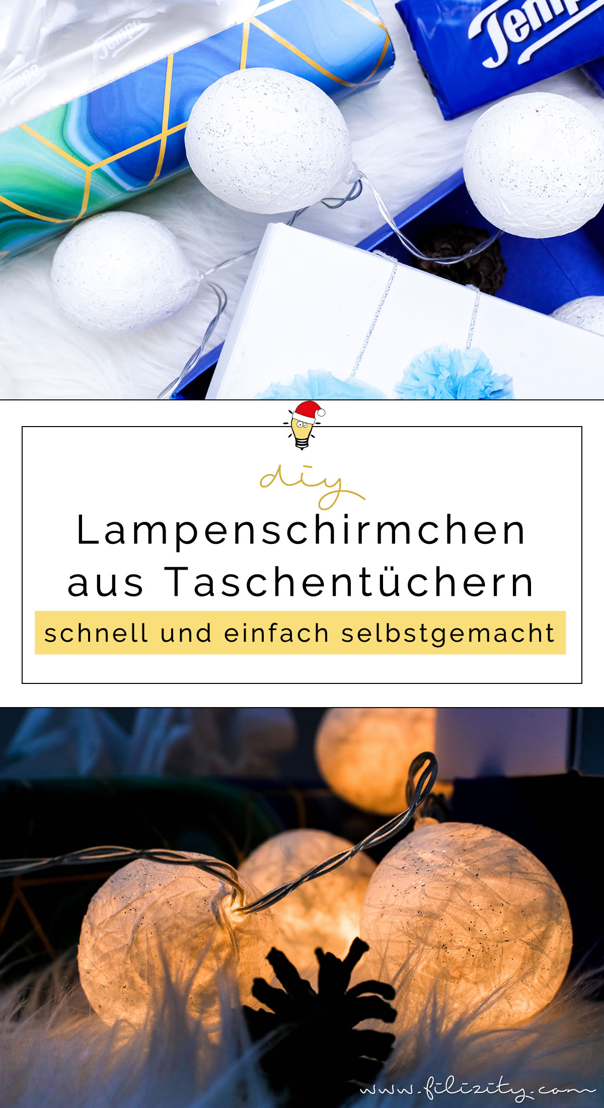3 weihnachtliche DIY-Ideen mit Taschentüchern | Lichterkette mit Taschentuch-Lampenschirmen | Filizity.com | DIY-Blog aus dem Rheinland #weihnachten #weihnachtsdeko #tempo