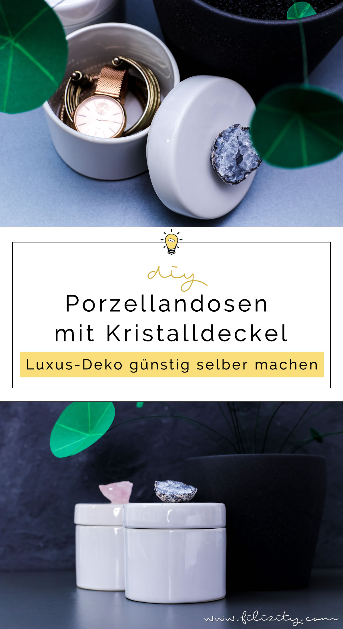 Luxus-Deko selber machen: DIY Porzellan Aufbewahrungsdosen mit Kristalldeckel schnell & günstig selbst gemacht | Filizity.com | DIY-Blog aus dem Rheinland #luxus #deko