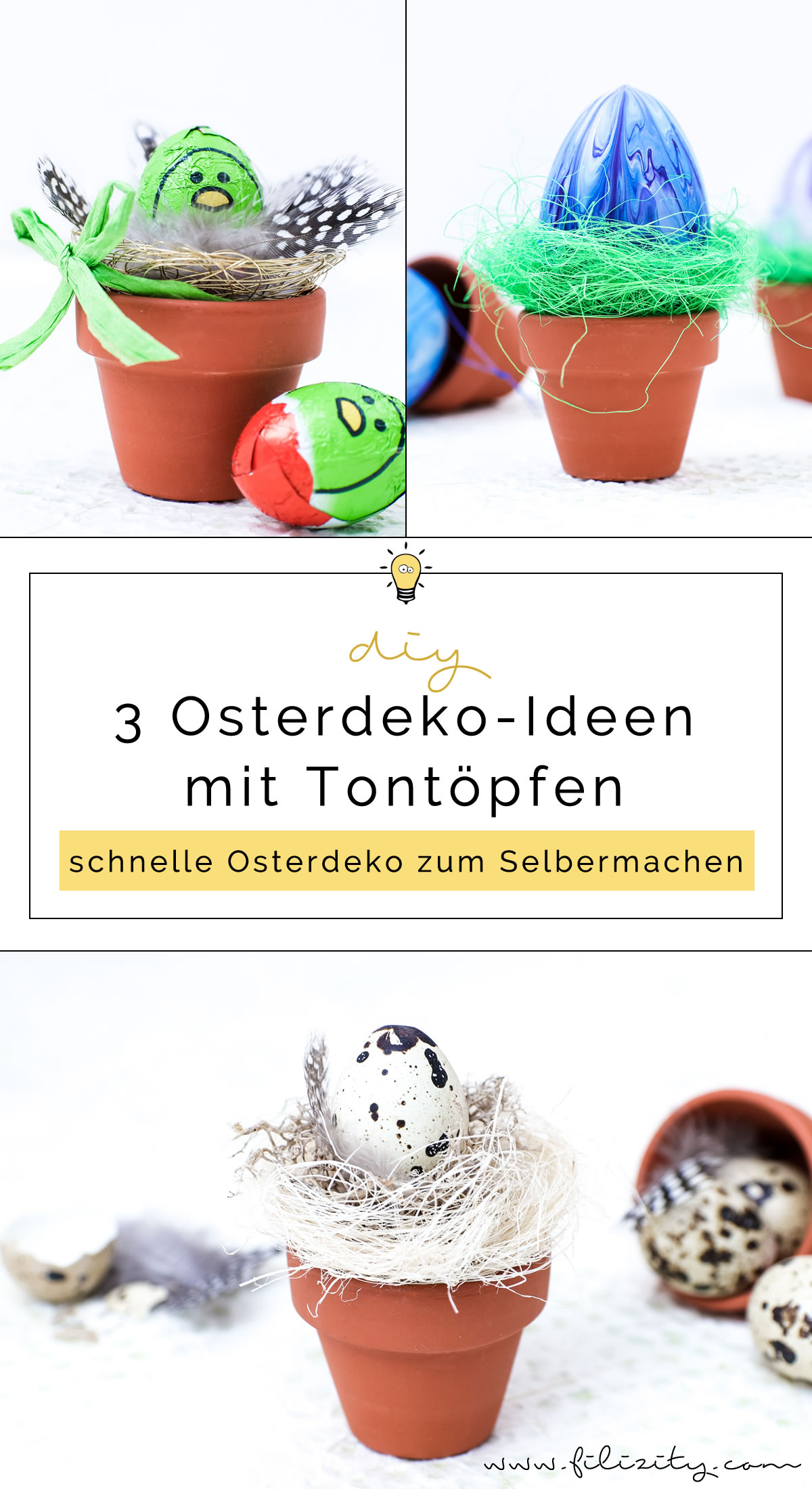 3 DIY Osterdeko Ideen mit Tontöpfen zum Selbermachen | Osterdeko mit Wachtelei, Federn, Schoko-Eiern und Drahtkorb | Filizity.com | DIY & Interior-Blog aus dem Rheinland #ostern #osterdeko