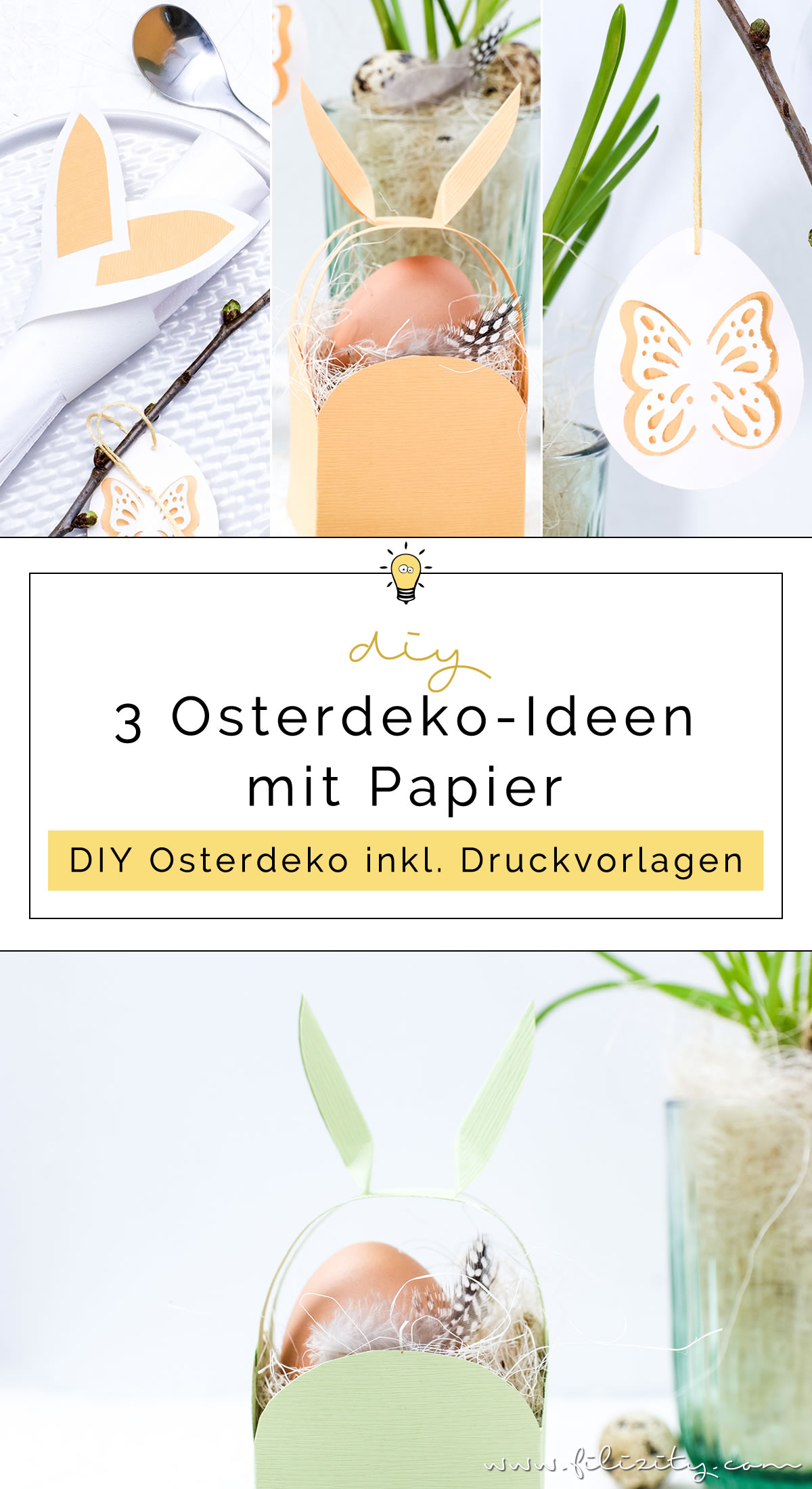 3 DIY Osterdeko Ideen mit Papier selber machen | Osterkorb mit Hasenohren, Osterei-Anhänger, Serviettenringe mit Hasenohren | Filizity.com | DIY-Blog aus dem Rheinland #ostern #osterdeko #artoz