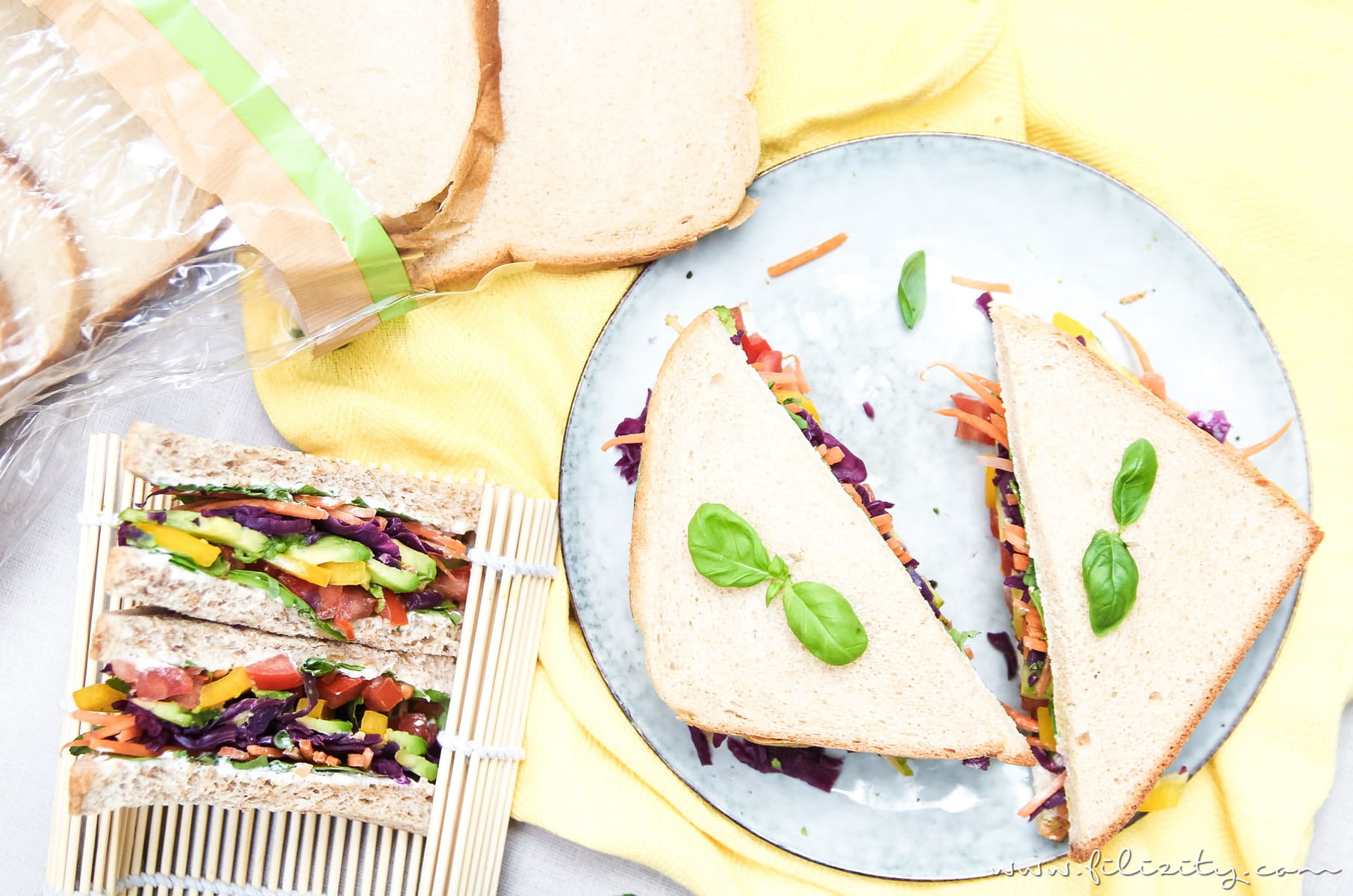 Rezept für Regenbogen-Sandwich - Vegetarischer Picknick Snack, Party-Food, Büro-Mahlzeit oder Pausenbrot | Filizity.com | Food-Blog aus dem Rheinland #sandwich #picknick