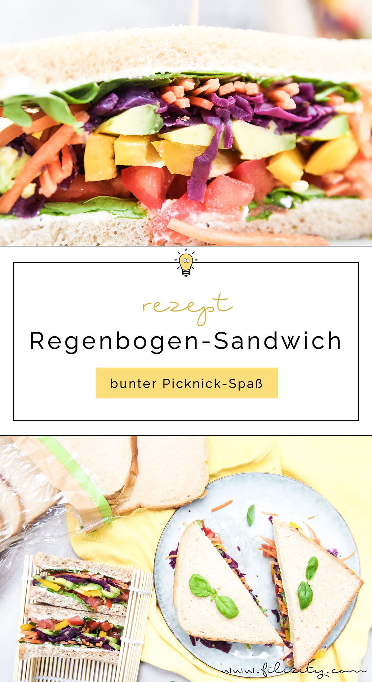 Rezept für Regenbogen-Sandwich - Vegetarischer Picknick Snack, Party-Food, Büro-Mahlzeit oder Pausenbrot | Filizity.com | Food-Blog aus dem Rheinland #sandwich #picknick