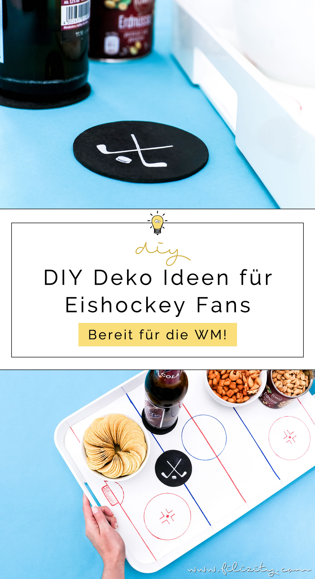 Deko Ideen für die Eishockey WM zum Selbermachen | DIY Eishockeyfeld-Tablett und Puck-Untersetzer für Eishockey Fans | Filizity.com | DIY-Blog aus dem Rheinland #eishockey #hockey #icehockey #party