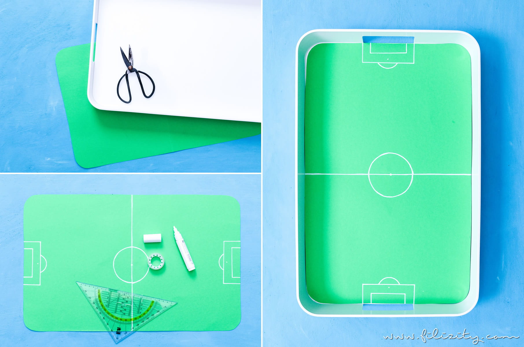 DIY Fußballfeld-Tablett - Fandeko für die Fußball WM selber machen | DIY Deko für WM, EM, Bundesliga, Fußball-Party, Kindergebutstag usw. | Filizity.com | DIY-Blog aus dem Rheinland #fußball #wm2018