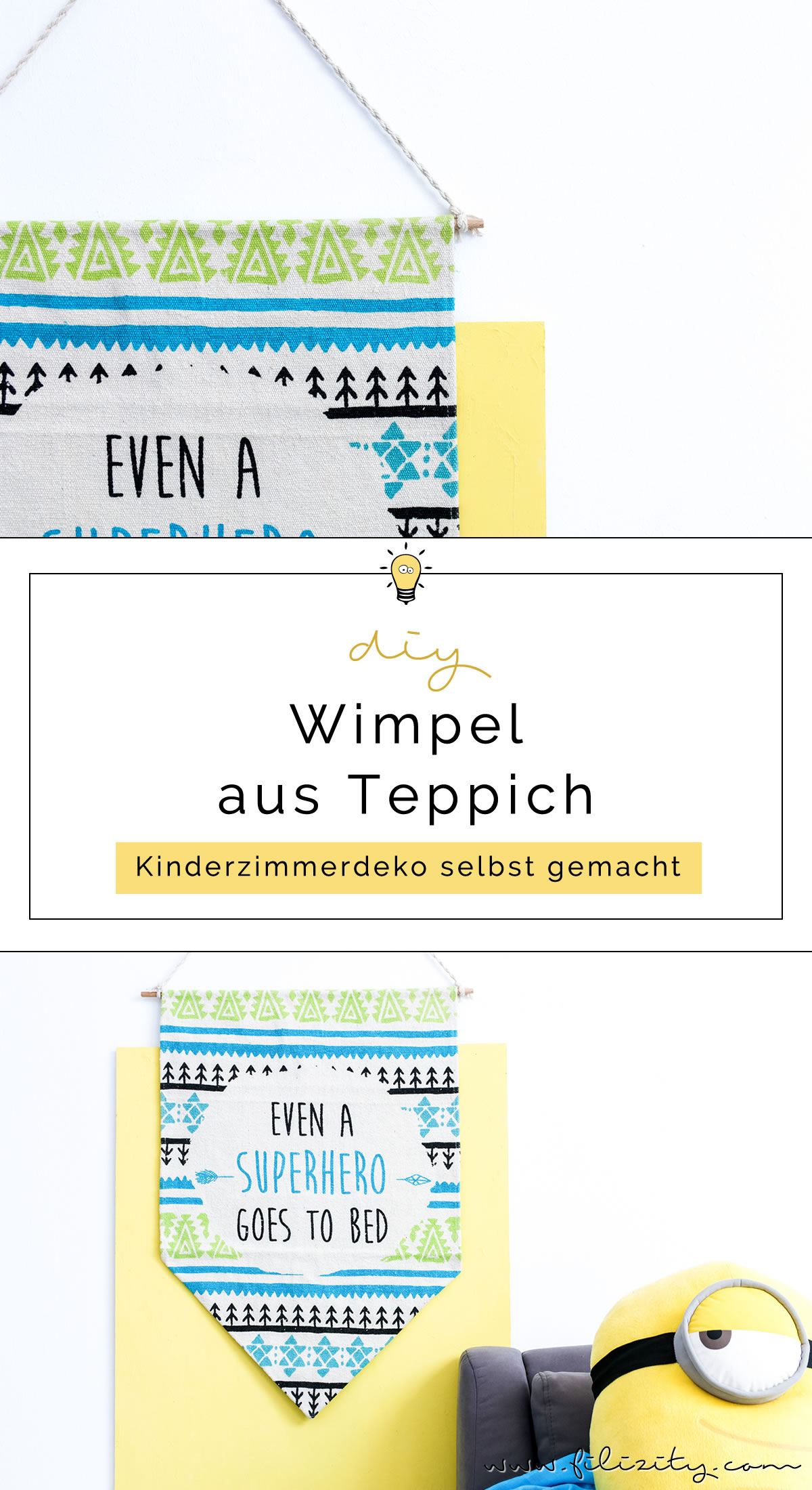 Wimpel aus buntem Teppich vor gelbem Hintergrund mit Minion auf der Couch | Kinderzimmer-Deko selber machen: DIY Wimpel aus Teppich | Filizity.com | DIY-Blog aus dem Rheinland #kinderzimmer #kinder #superhelden