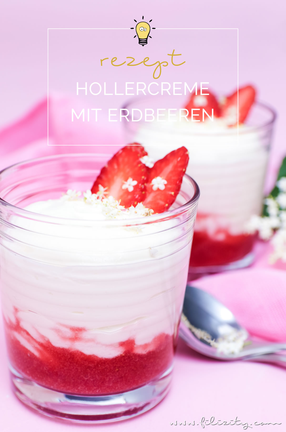 Holunderblüten-Creme (Hollercreme) mit Erdbeer-Swirl - Einfaches Sommer-Dessert aus nur 4 Zutaten | Filizity.com | Food-Blog aus dem Rheinland #holler #sommer