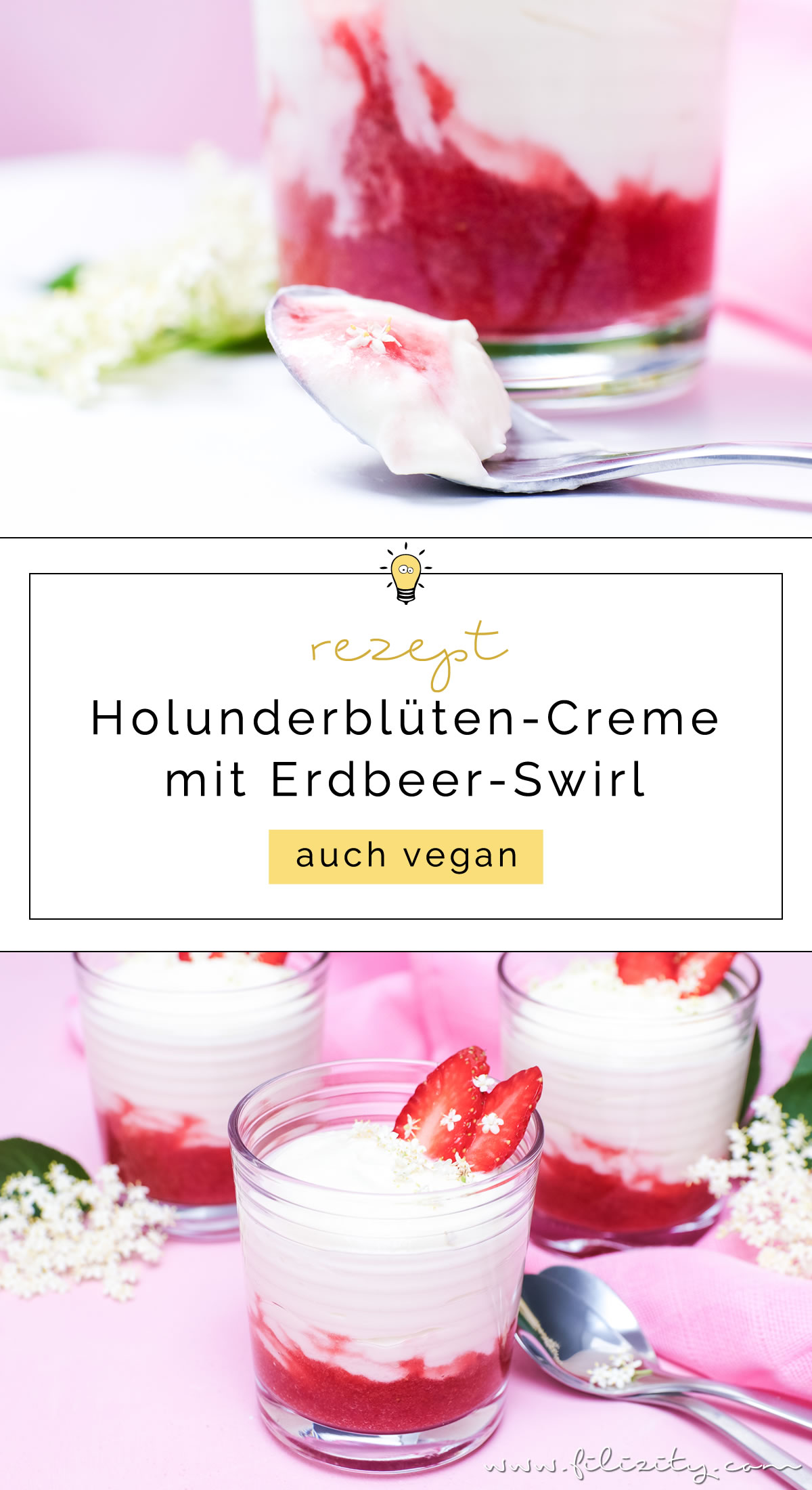 Holunderblüten-Creme (Hollercreme) mit Erdbeer-Swirl - Einfaches Sommer-Dessert aus nur 4 Zutaten | Filizity.com | Food-Blog aus dem Rheinland #holler #sommer