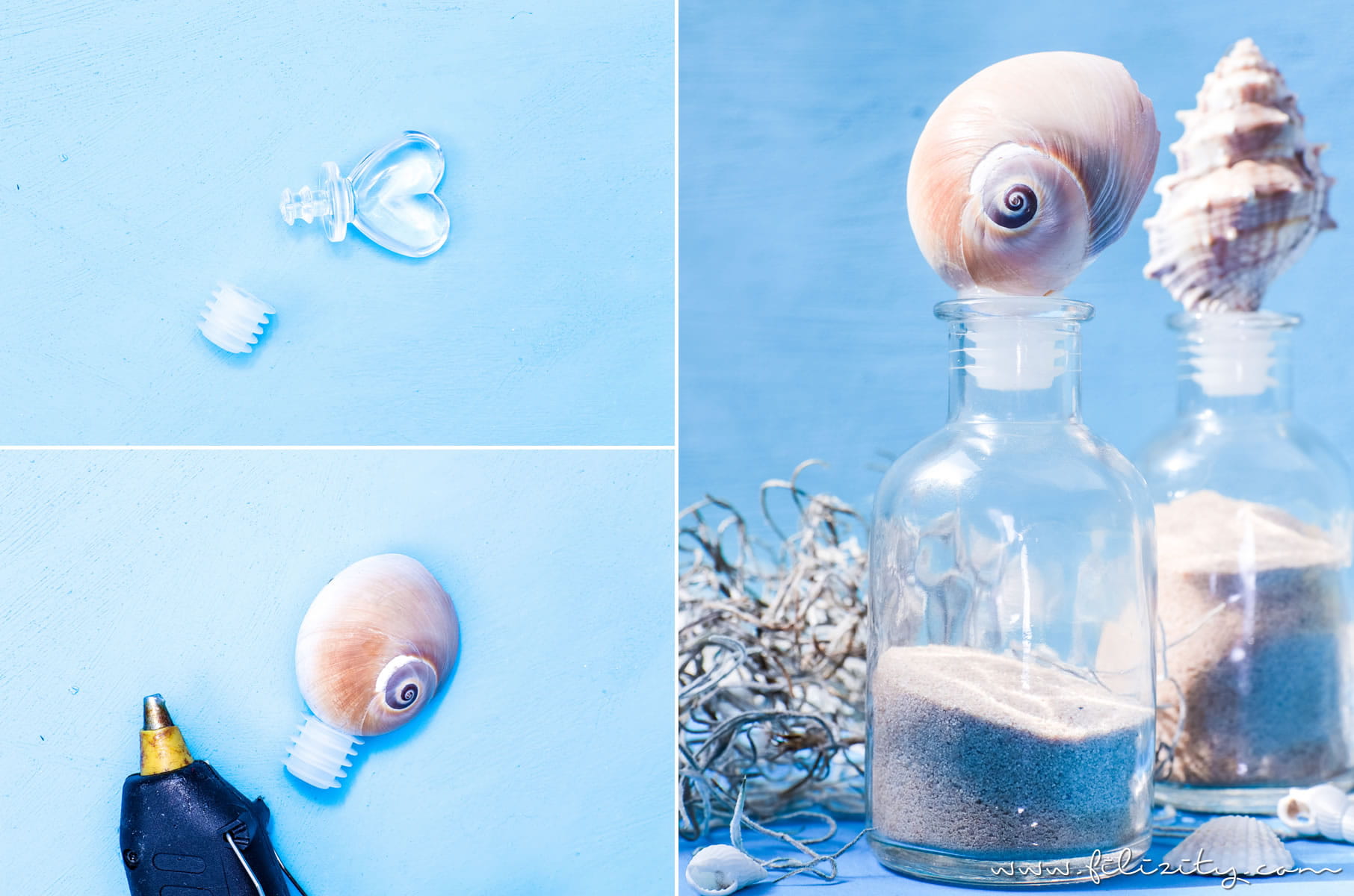 DIY Sommerdeko: Glas-Flaschen mit Muscheln aufpeppen | Urlaubs-Mitbringsel hübsch dekorieren | Filizity.com | DIY-Blog aus dem Rheinland #sommer #strand #urlaub