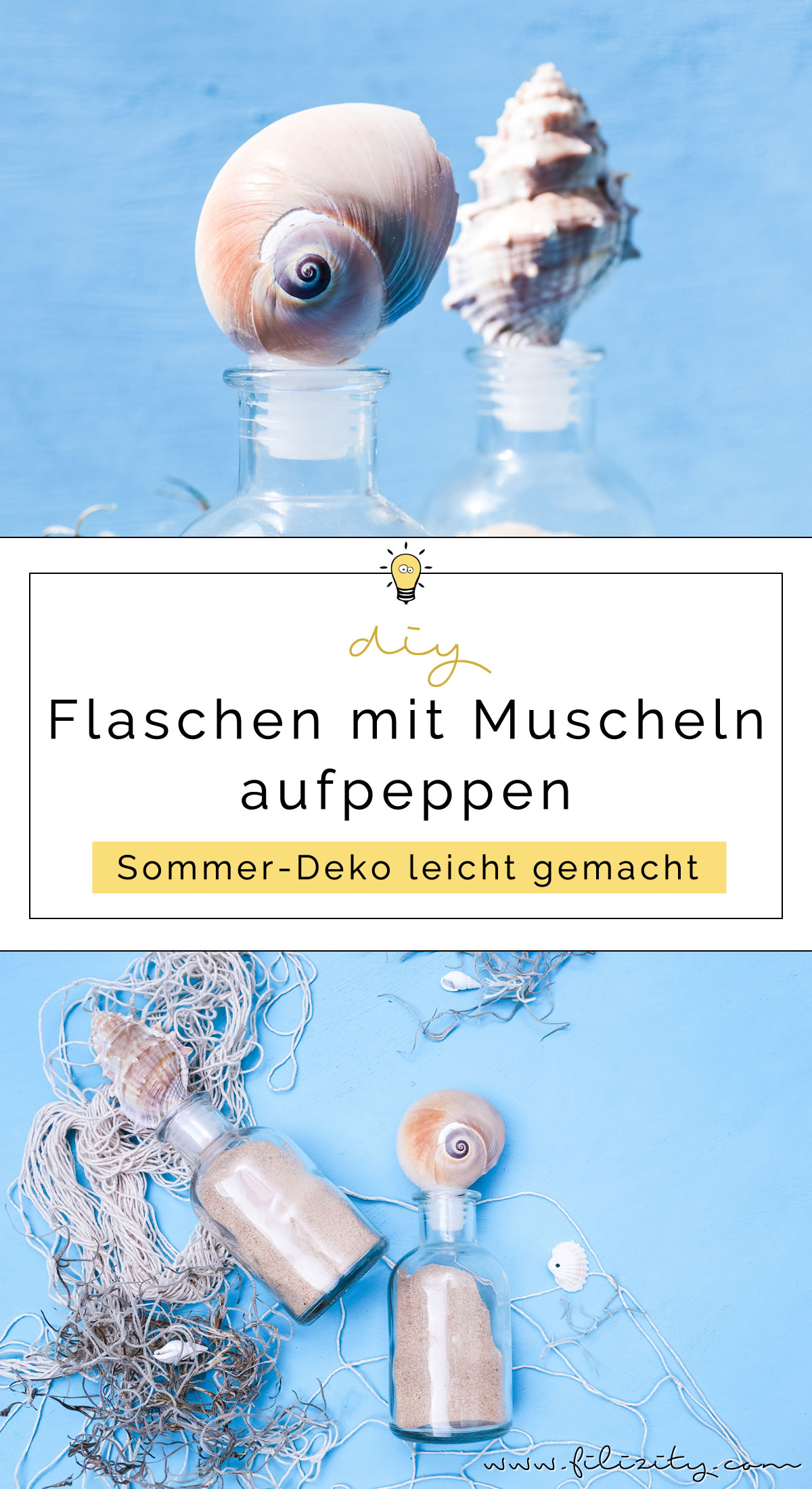 DIY Sommerdeko: Glas-Flaschen mit Muscheln aufpeppen | Urlaubs-Mitbringsel hübsch dekorieren | Filizity.com | DIY-Blog aus dem Rheinland #sommer #strand #urlaub