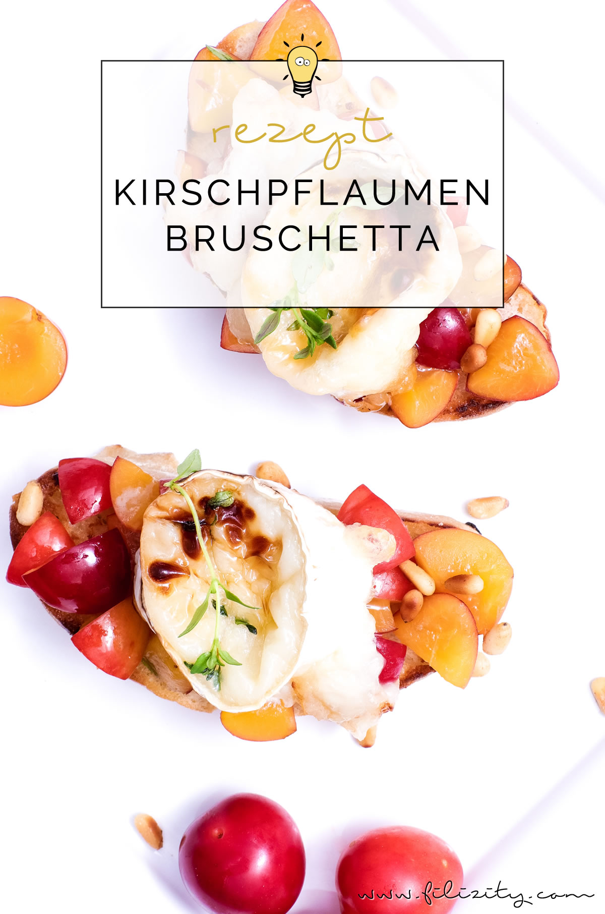Rezept für Mirabellen- oder Kirschpflaumen-Bruschetta mit gratiniertem Ziegenkäse, Thymian und Pinienkernen | Filizity.com | Food-Blog aus dem Rheinland #sommer #herbst #brot