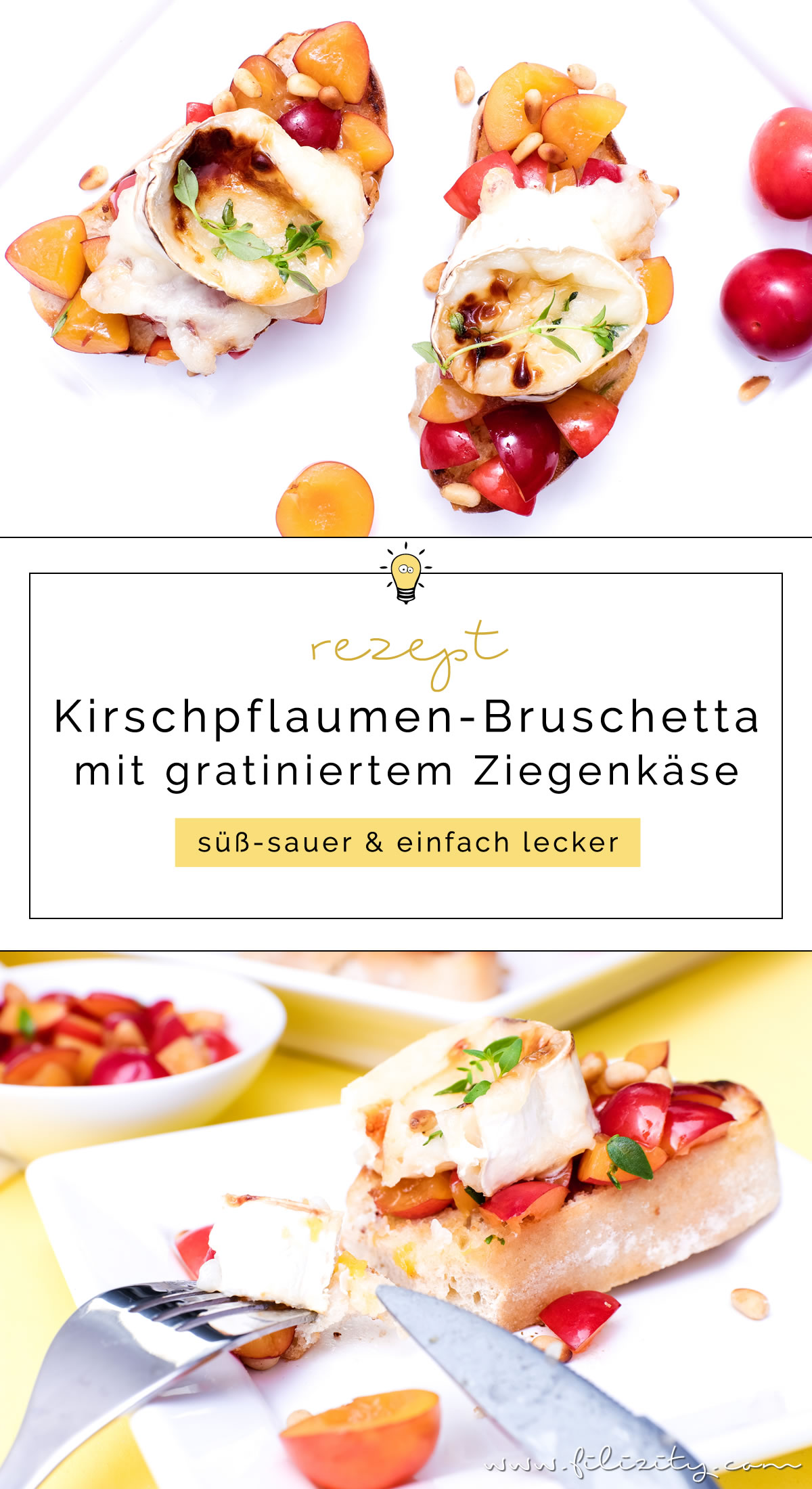 Rezept für Mirabellen- oder Kirschpflaumen-Bruschetta mit gratiniertem Ziegenkäse, Thymian und Pinienkernen | Filizity.com | Food-Blog aus dem Rheinland #sommer #herbst #brot