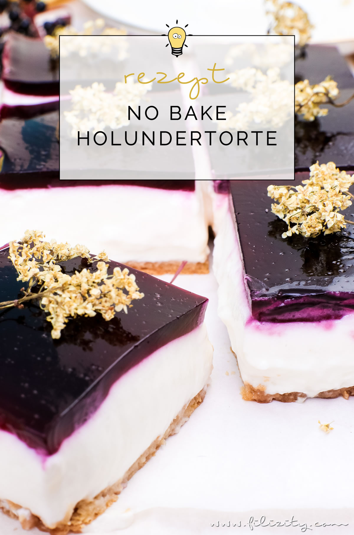 Rezept für leckere Holunder-Quark-Schnitten ohne Backen (No-bake Holunderbeeren-Torte) auf Filizity.com | Food-Blog aus dem Rheinland #holunder #holler #torte #nobake #kuchen #sommer #herbst