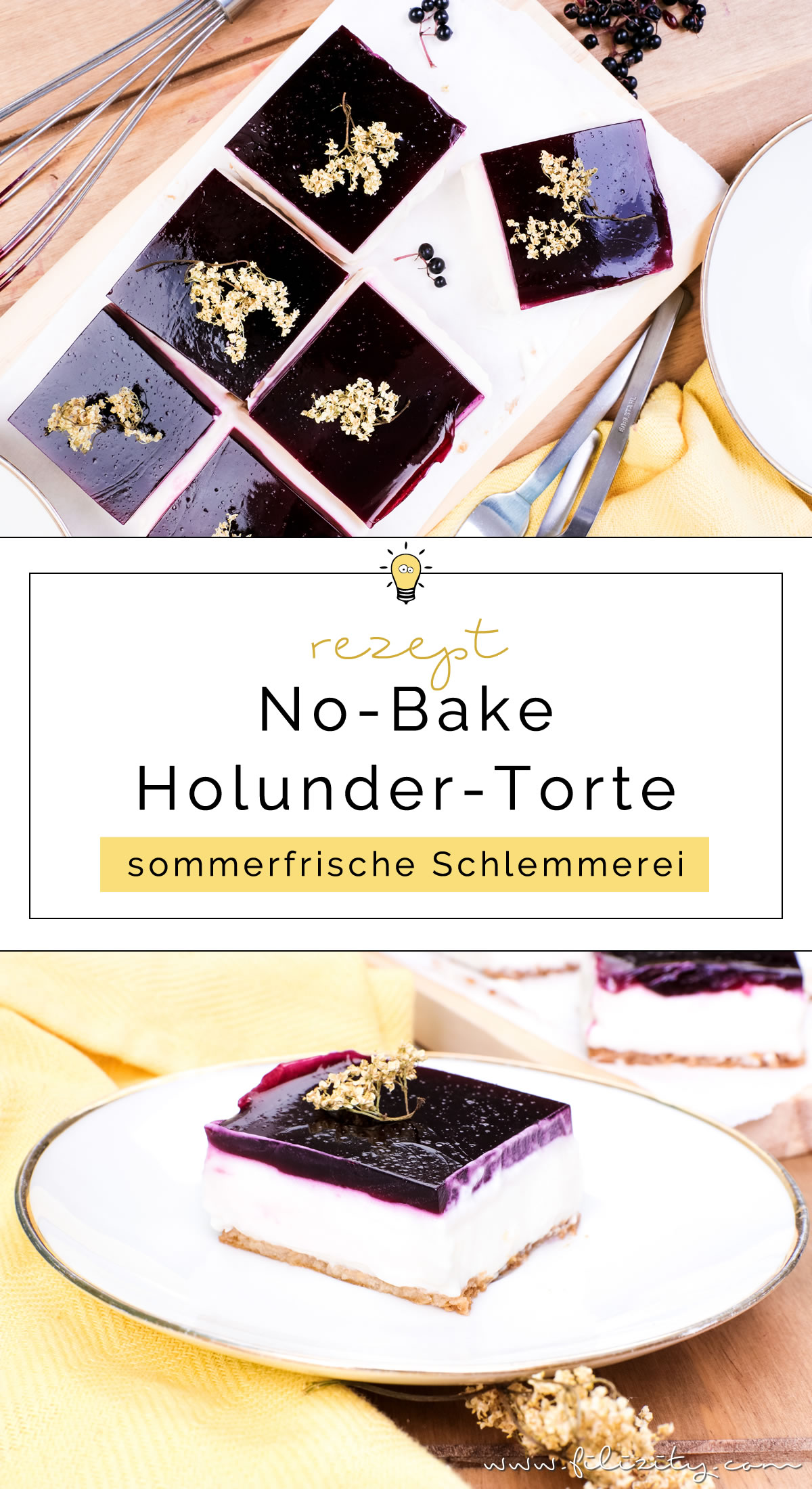 Rezept für leckere Holunder-Quark-Schnitten ohne Backen (No-bake Holunderbeeren-Torte) auf Filizity.com | Food-Blog aus dem Rheinland #holunder #holler #torte #nobake #kuchen #sommer #herbst