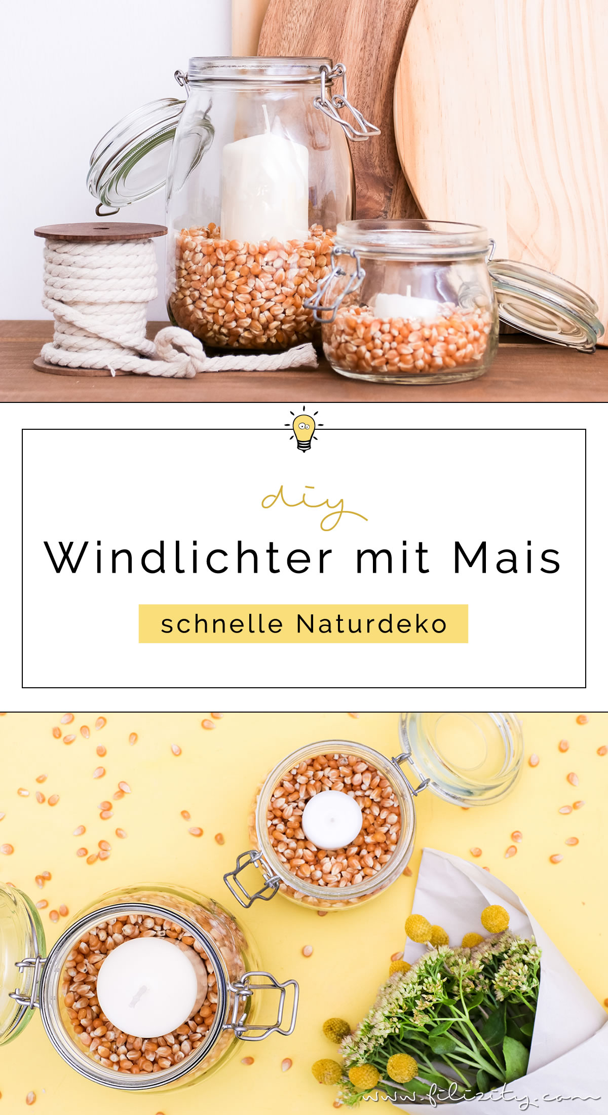 DIY Windlichter mit Maiskörnern - So kannst du natürliche Herbstdeko selber machen | Basteln mit Kindern | Filizity.com | DIY-Blog aus dem Rheinland #herbst #deko #natur
