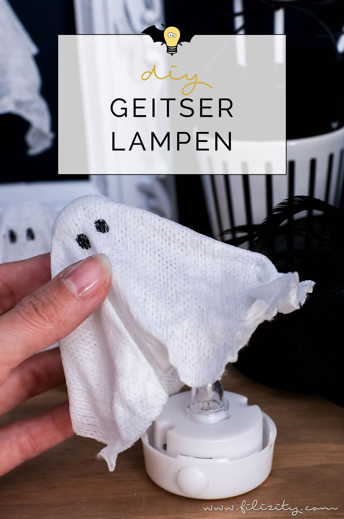 DIY Halloweendeko selber machen: Geister-Lampen und Geister-Anhänger ganz einfach ohne Sauerei basteln | Filizity.com | Food-Blog aus dem Rheinland #halloween #booh #geister