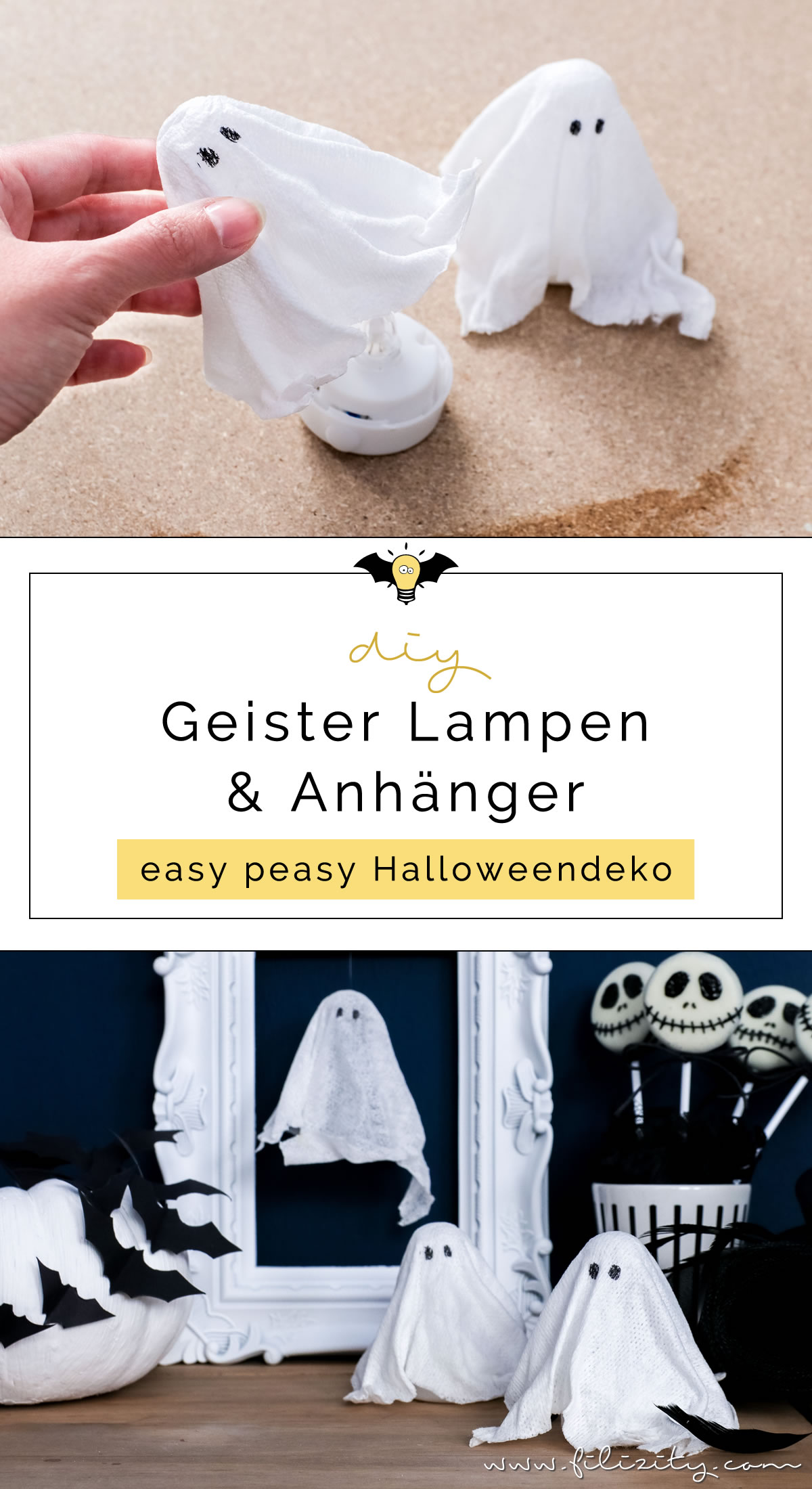 DIY Halloweendeko selber machen: Geister-Lampen und Geister-Anhänger ganz einfach ohne Sauerei basteln | Filizity.com | Food-Blog aus dem Rheinland #halloween #booh #geister