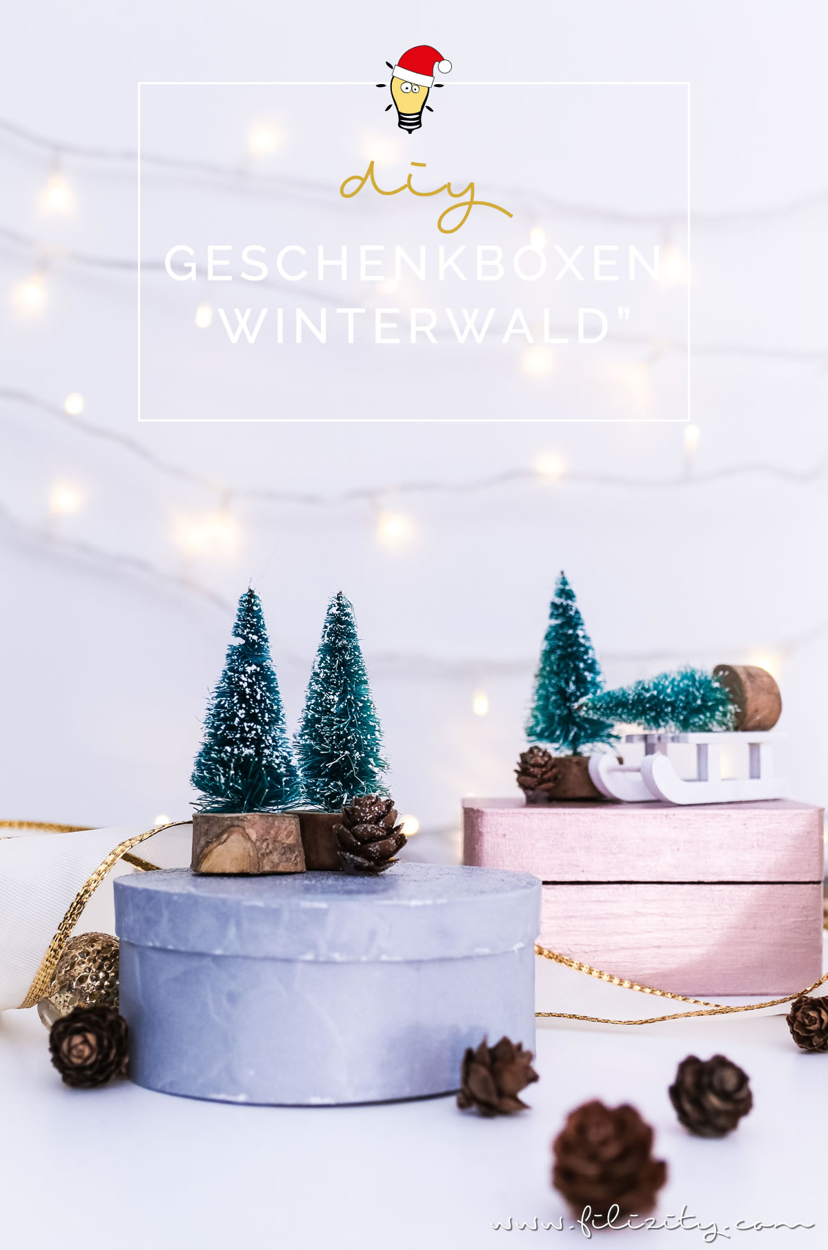 Weihnachtsgeschenke verpacken: DIY Geschenkboxen "Winterwald" aus alten Holzschachteln | Geschenkverpackung und Deko-Idee mit Tannenbaum, Schlitten & Co. | Filizity.com | DIY-Blog aus dem Rheinland #weihnachten #geschenkidee #weihnachtsgeschenke #ohtannenbaum