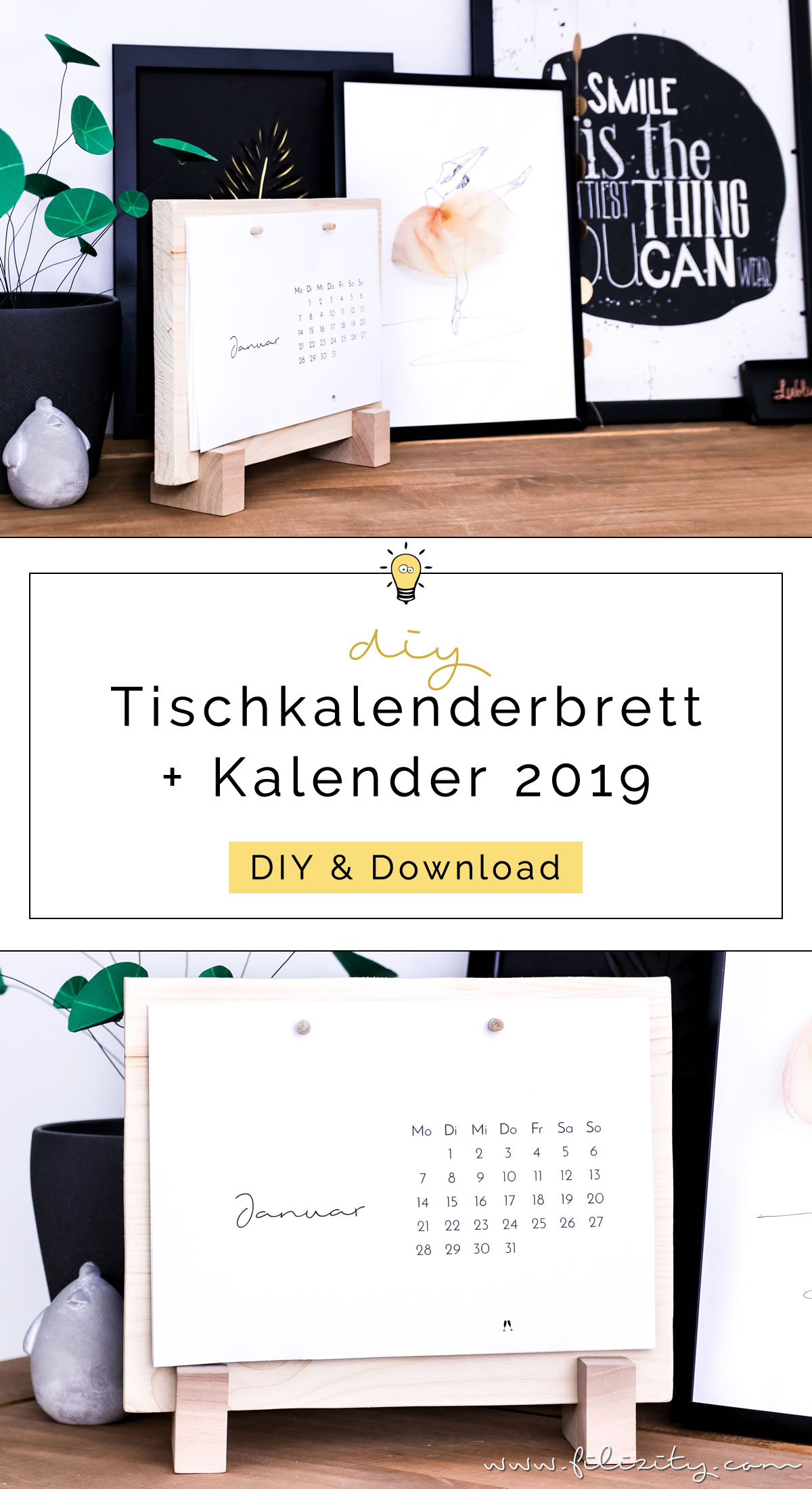 DIY Tischkalenderbrett aus Holzresten + Download Minimalistischer Tischkalender 2019 | Stylischer Helfer für deinen Schreibtisch | Filizity. Kreativmagazin & DIY Blog #kalender #2019 #download #printable #minimalistisch