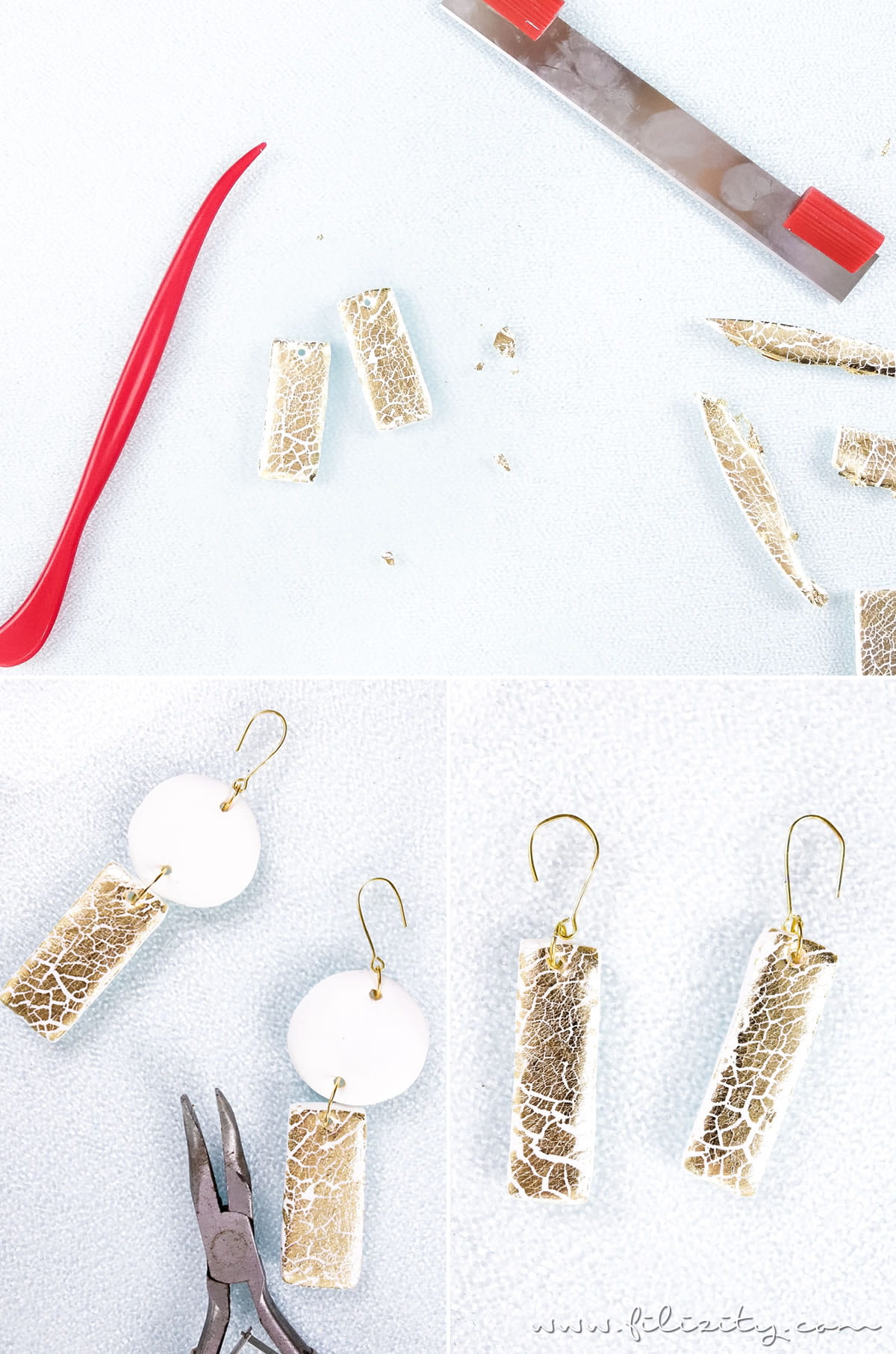 DIY Fimo Ohrringe mit Crackle-Gold | Fimo Schmuck selber machen - 5 Blogs 1000 Ideen | Filizity.com | DIY-Blog aus dem Rheinland #fimo #gold #crackle #krakelierlack