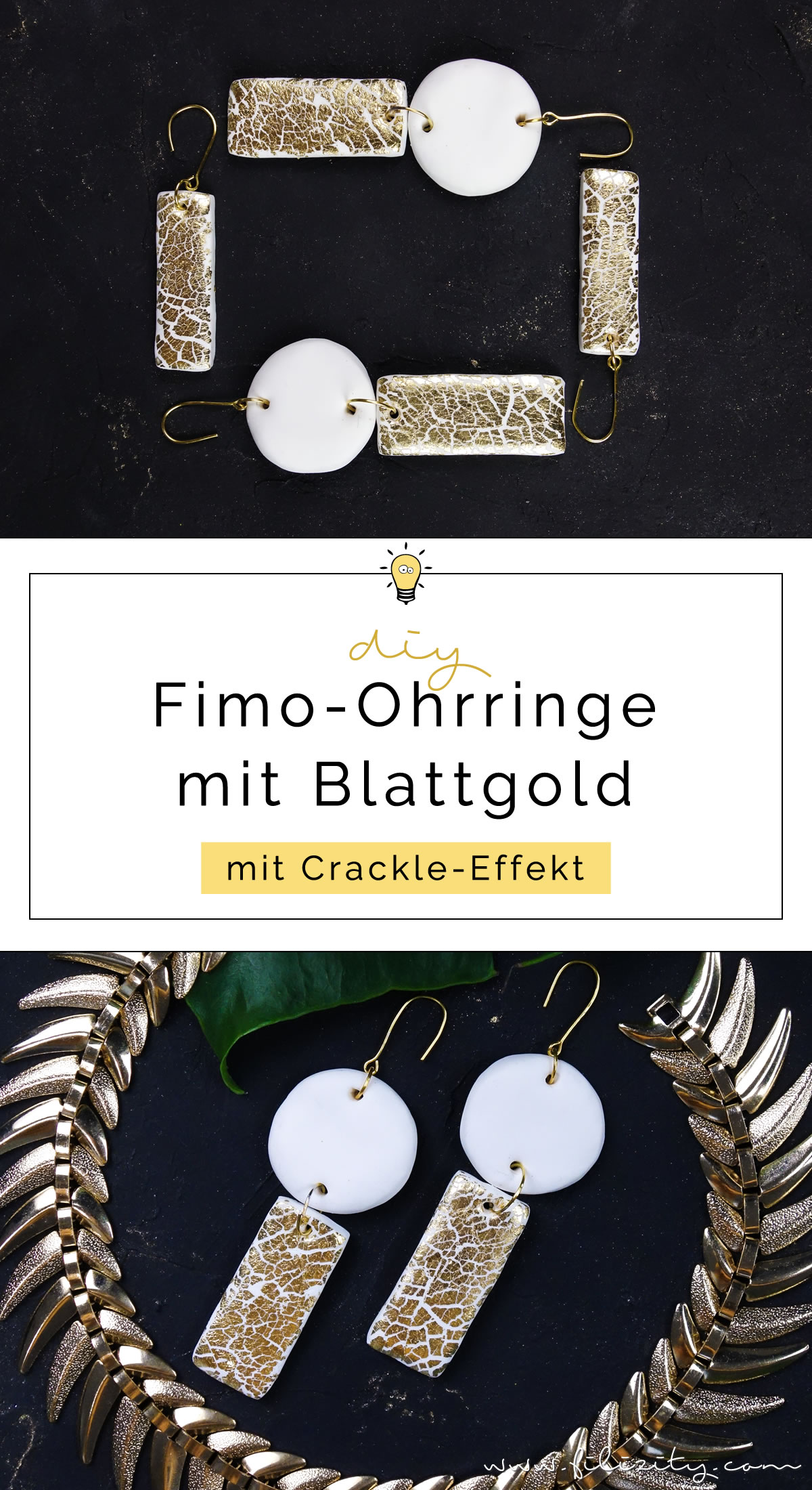 DIY Fimo Ohrringe mit Crackle-Gold | Fimo Schmuck selber machen - 5 Blogs 1000 Ideen | Filizity.com | DIY-Blog aus dem Rheinland #fimo #gold #crackle #krakelierlack