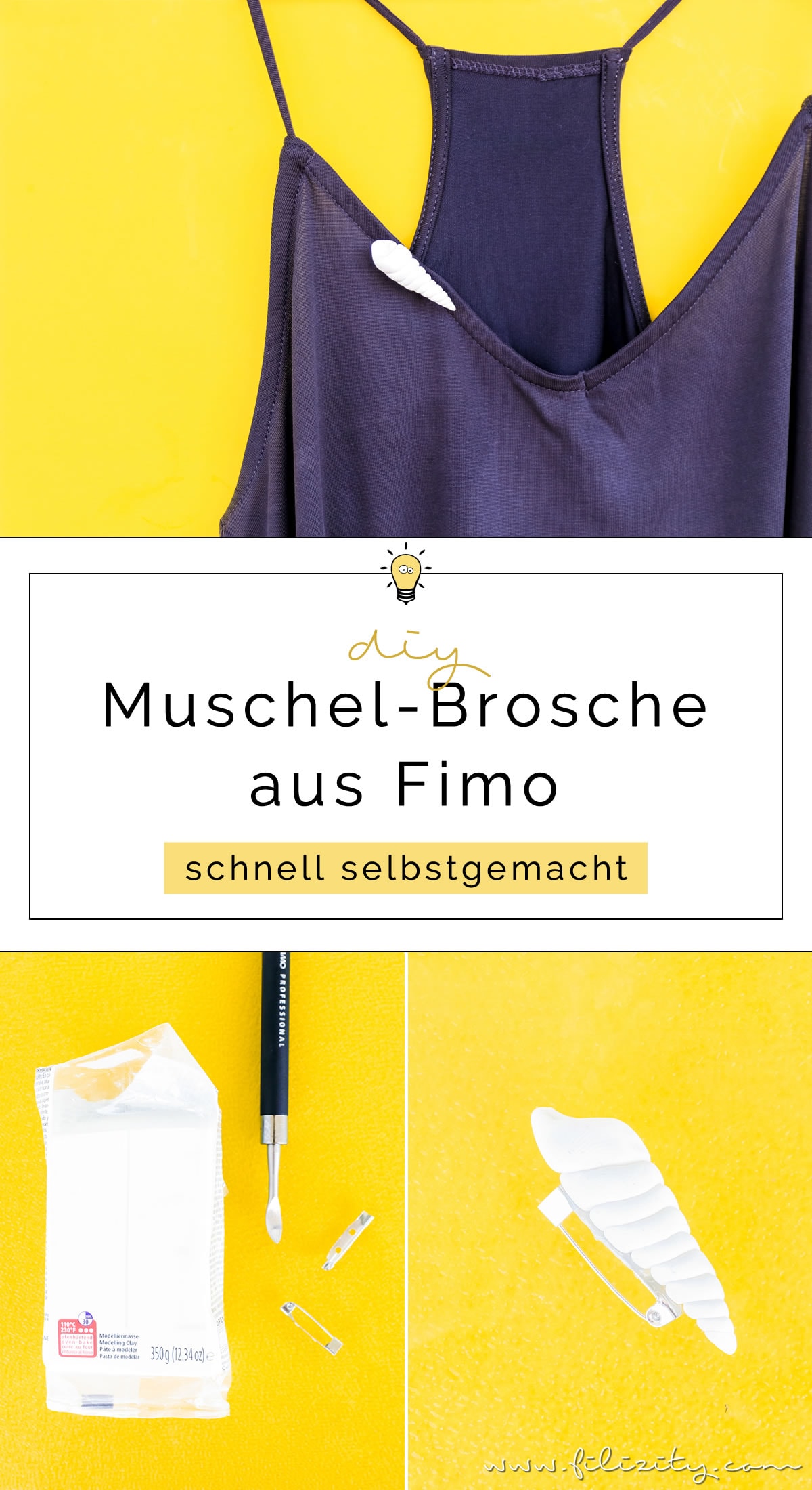 Kleidung aufpeppen: DIY Muschel-Brosche aus Fimo oder Kaltporzellan selber machen | Sommer-Schmuck basteln | Filizity.com - DIY-Blog aus dem Rheinland #myfimo #fimo #kaltporzellan #sommer