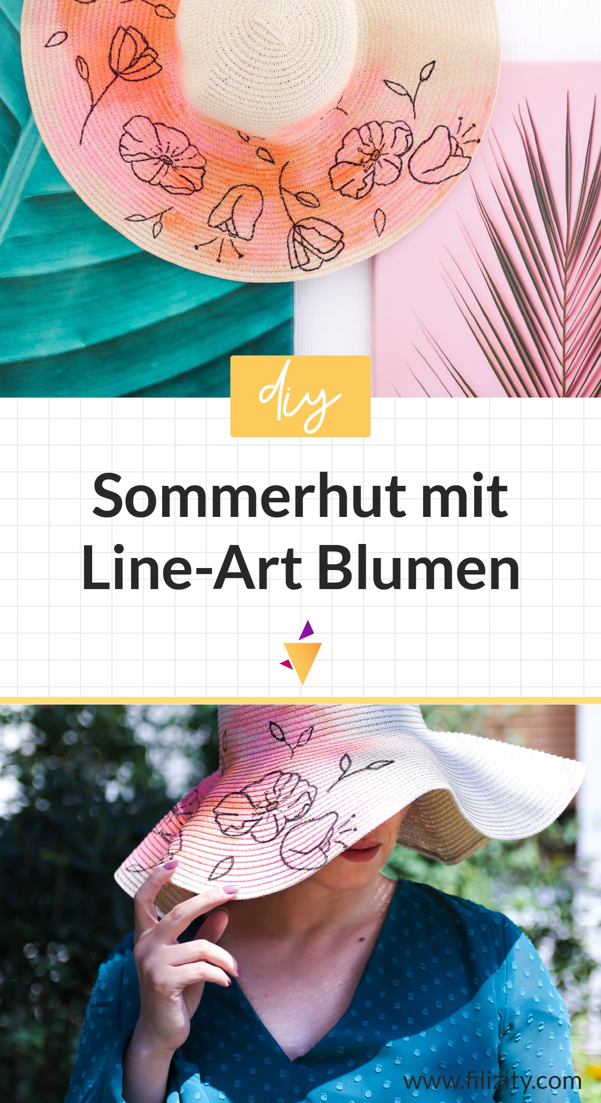 Sommer DIY: Sommerhut bemalen mit trendigen Line Art Blumen | Filizity. Kreativmagazin & DIY Blog #sommer #aquarell #lineart #pintor