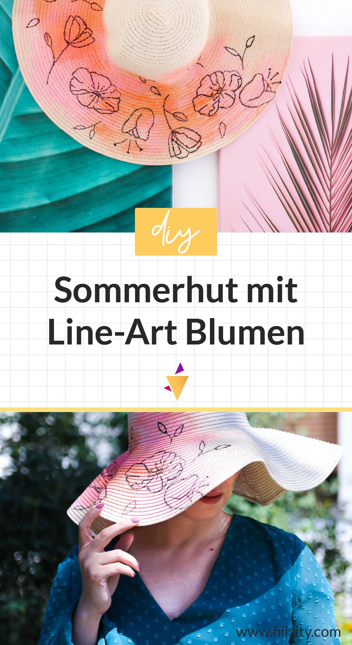 Sommer DIY: Sommerhut bemalen mit trendigen Line Art Blumen | Filizity. Kreativmagazin & DIY Blog #sommer #aquarell #lineart #pintor